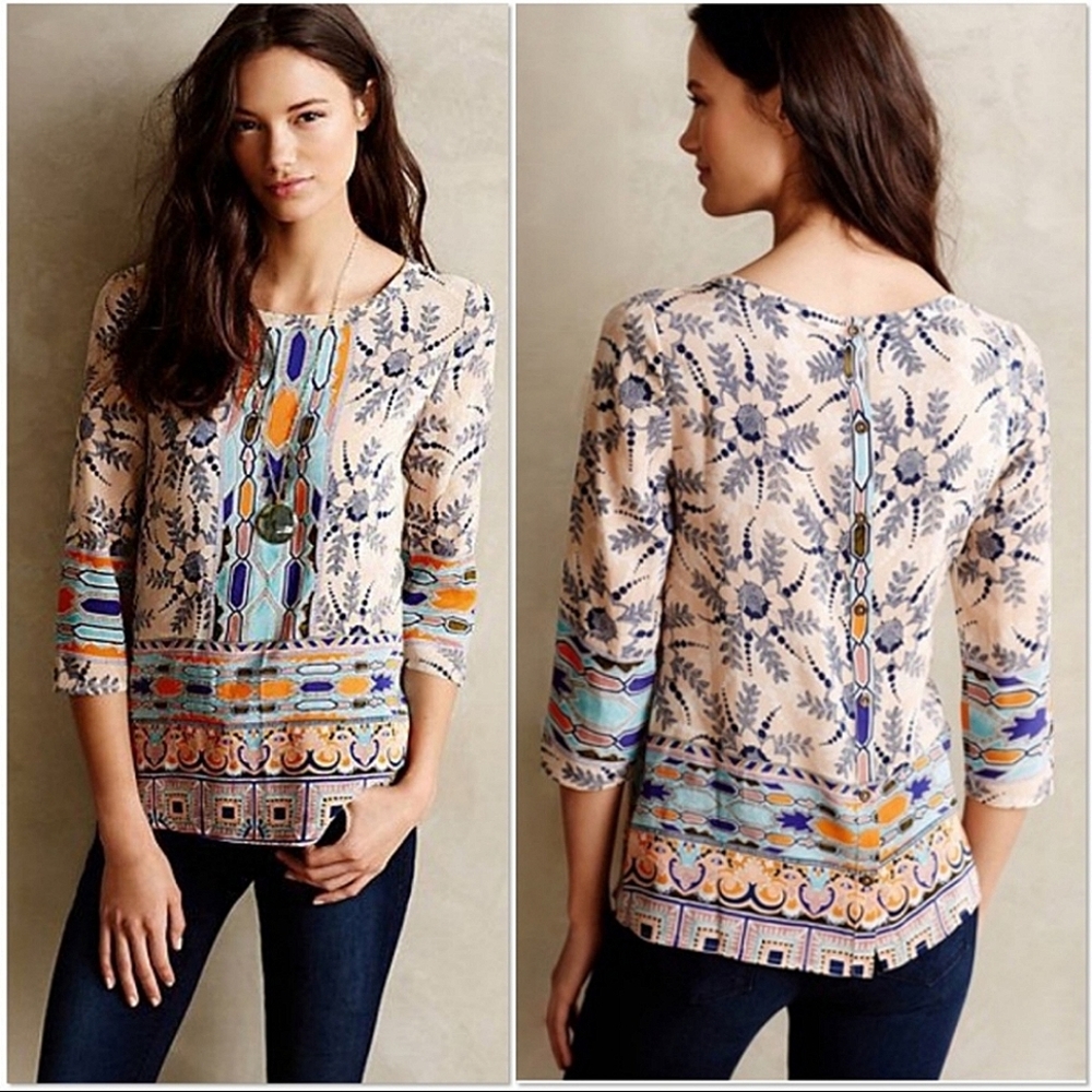 Maeve Anthropologie Silk Sydney Button Down Back Blouse Floral Geometric 0 XS